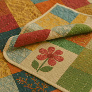 Handcrafted Indian patchwork quilt with colorful appliqué flower and stitched textile squares