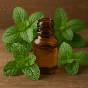 Amber glass bottle of peppermint essential oil surrounded by fresh green peppermint leaves on a wooden surface