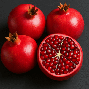 Close-up of fresh Indian pomegranates, including one halved to show juicy red arils, ideal for international export markets