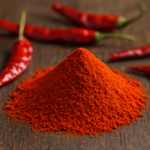 A bowl of finely ground red chili powder with intense red color placed on a rustic wooden surface, showcasing its bold heat and rich hue ideal for Indian cuisine and export.