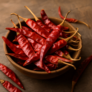 A pile of whole dry red chillies (sukhi lal mirch) with deep red color and wrinkled texture, displayed on a rustic surface, showcasing bold heat and export-grade quality.