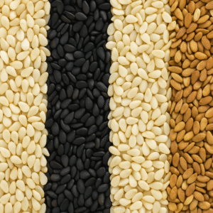 Close-up of assorted Indian sesame seeds including white, black, hulled, and natural types – ideal for food processing and export