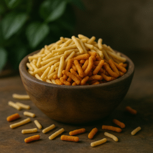 A rustic wooden bowl filled with golden sev strands, both plain and masala varieties, placed on a wooden surface, showcasing their crispy texture and export-ready quality.