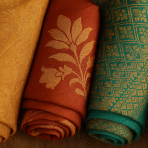 Close-up of premium Indian silk fabrics including Tussar and Banarasi weaves, rolled in elegant display – ideal for luxury garments and ethnic wear.