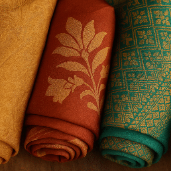 Close-up of premium Indian silk fabrics including Tussar and Banarasi weaves, rolled in elegant display – ideal for luxury garments and ethnic wear.