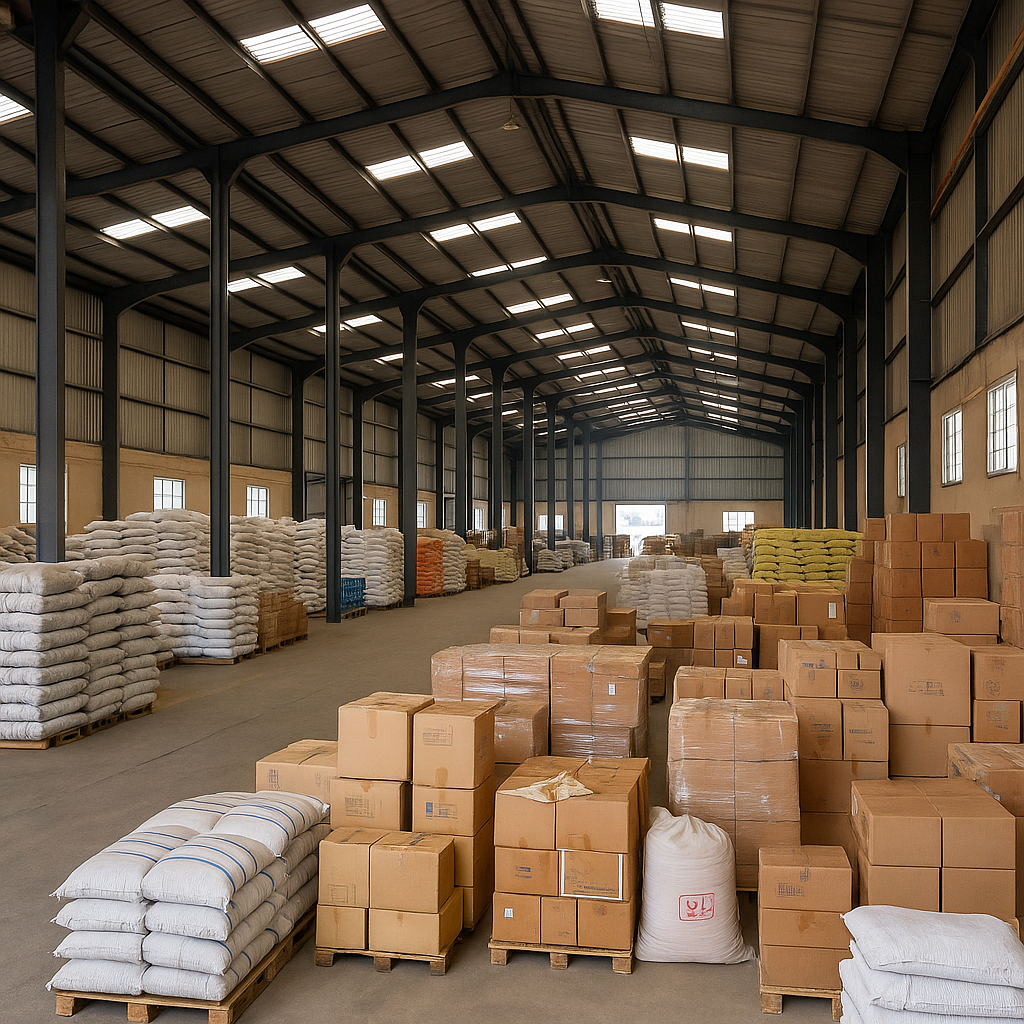 Bulk Export Goods Ready in Warehouse – Stedder EXIM India Large India export company warehouse with packed agricultural and handicraft goods ready for international shipment – Stedder EXIM logistics hub