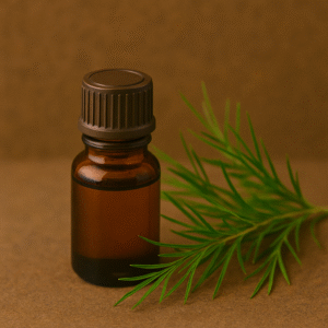 Amber bottle of pure Tea Tree essential oil with Melaleuca Alternifolia leaves on natural background
