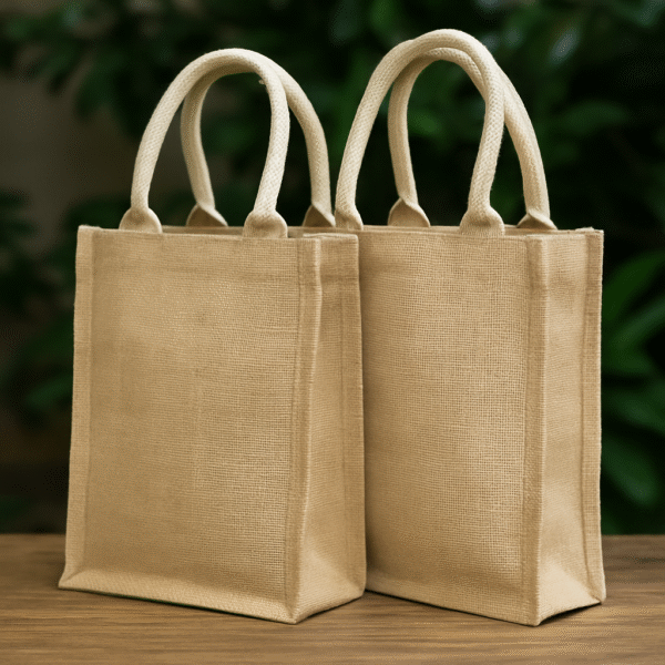 Two natural jute tote bags ideal for eco-friendly promotions and sustainable corporate gifting
