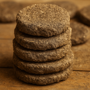 A stack of traditional cow dung cakes (upla) placed on a rustic surface, used for Vedic rituals, eco-friendly fuel, and organic practices.