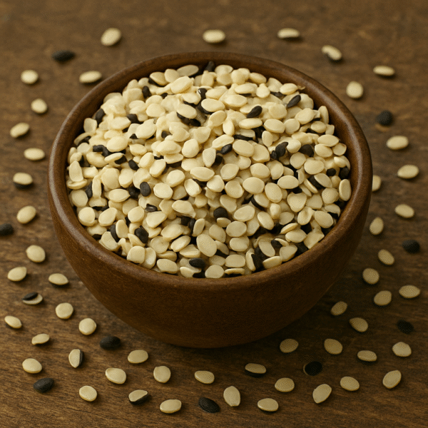 A wooden bowl filled with Urad Dal (split black gram), showing black and white lentils scattered on a rustic wooden background for a natural, earthy presentation.