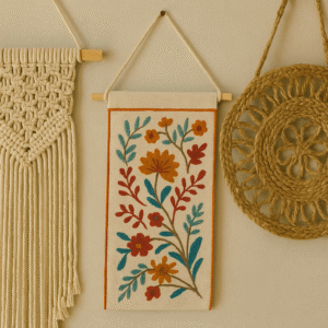 Artisan wall hangings including macrame, embroidered floral fabric, and woven jute design – Handmade Indian home décor