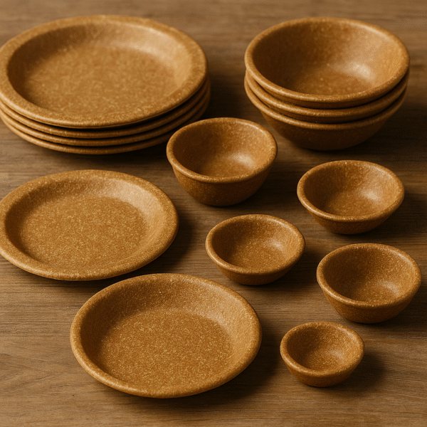 An assortment of edible and biodegradable wheat bran plates and bowls, ideal for sustainable dining and eco-conscious events.