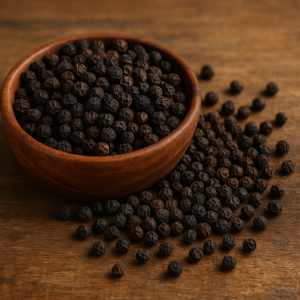 A wooden bowl filled with whole black peppercorns (kali mirch), placed on a rustic surface, showcasing their bold aroma, deep black color, and premium export quality.