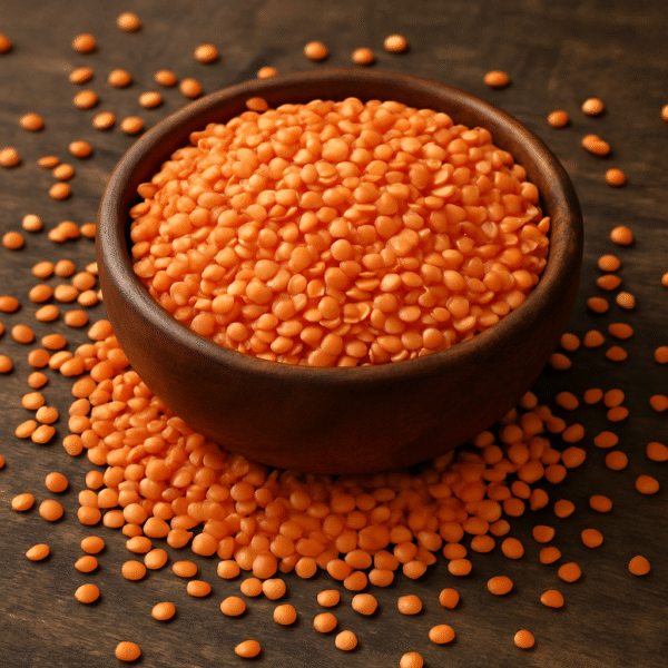 A wooden bowl filled with whole red lentils (masoor dal) placed on a rustic wooden background, with lentils scattered around the bowl for a natural presentation.