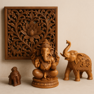 Hand-carved wooden Ganesha statue, lotus wall panel, and elephant figurine – Traditional Indian wooden handicrafts